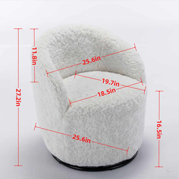 A&A Furniture, Artificial Rabbit Hair Fabric Swivel Accent Armchair Barrel Chair With Black Powder Coating Metal Ring, 360° Swivel Feature Make This Modern Armchair, Ivory White