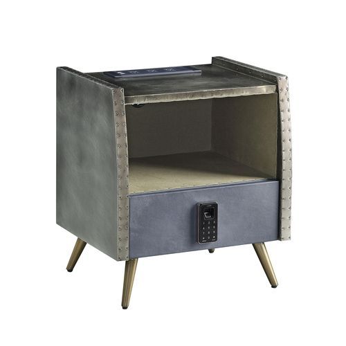 Doris - Nightstand - Gray Top Grain Leather & Aluminum Unique Piece Furniture