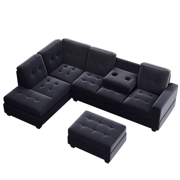 Orisfur. Modern Sectional Sofa With Reversible Chaise, Shaped Couch Set With Storage Ottoman And Two Cup Holders For Living Room - Black