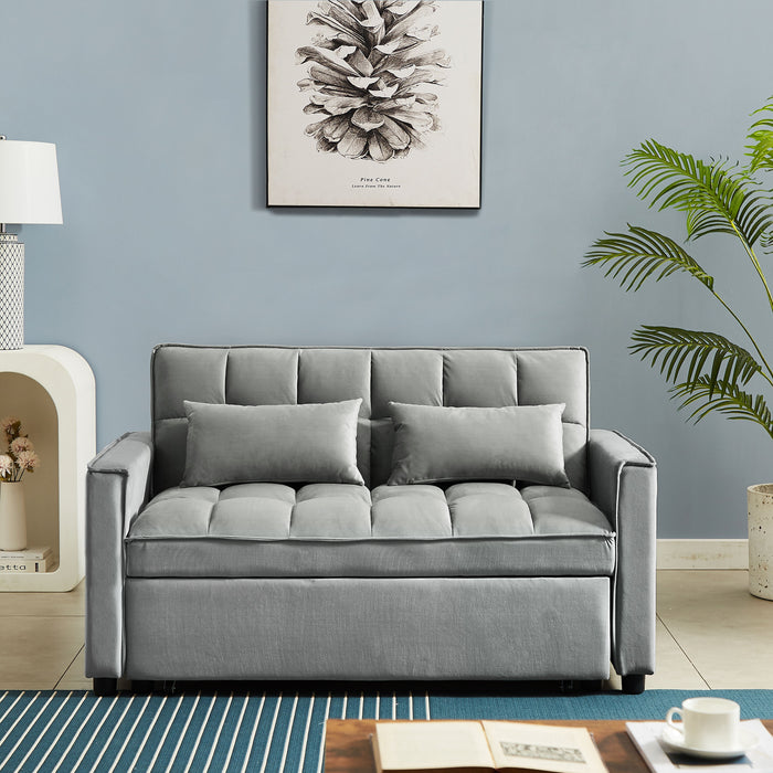 Modern Velvet Convertible Loveseat Sleeper Sofa Couch With Adjustable Backrest, 2 Seater Sofa With Pull-Out Bed With 2 Lumbar Pillows For Small & Apartment - Gray