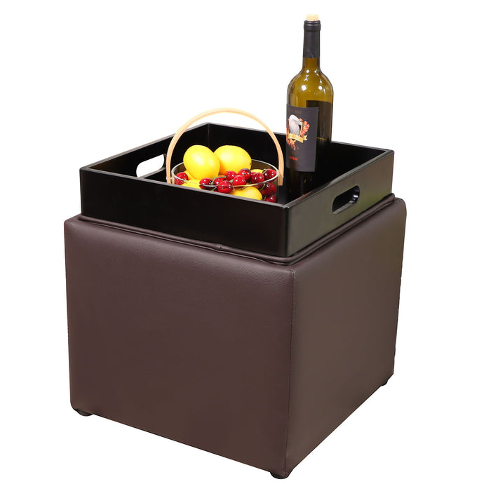 Square Storage Ottoman With Tray Faux Leather Upholstered Footrest Stool, Seat As Side Coffee Table For Living Room