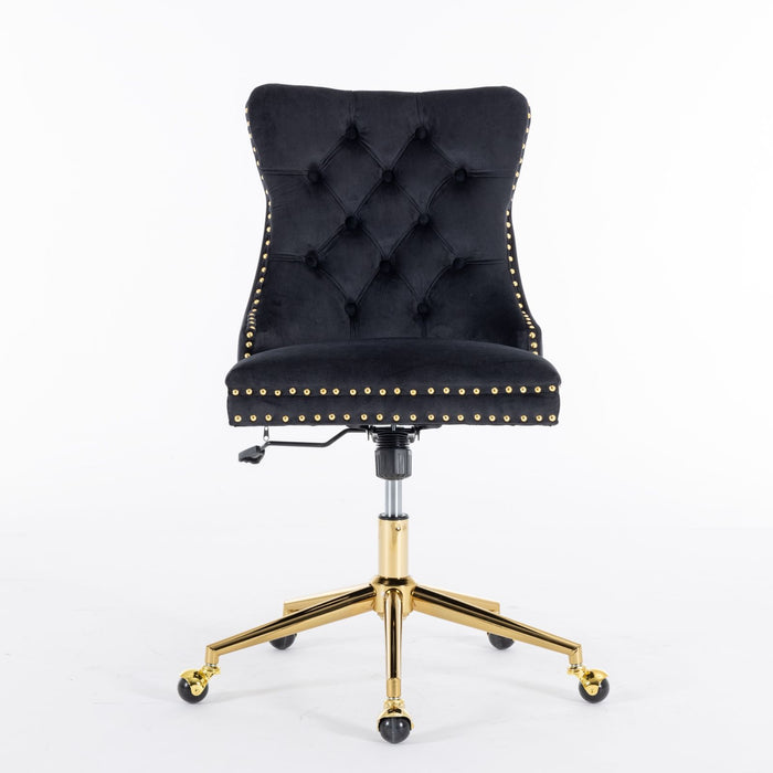 A&A Furniture Office Chair, Velvet Upholstered Tufted Button Home Office Chair With Golden Metal Base, Adjustable Desk Chair Swivel Office Chair (Black)