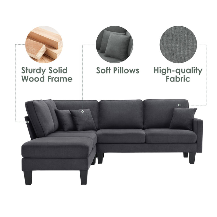 Terrycloth Modern Sectional Sofa, 5-Seat Practical Couch Set With Chaise Lounge, L-Shape Minimalist Indoor Furniture With 3 Pillows For Living Room, Apartment, Office, 3 Colors - Grey