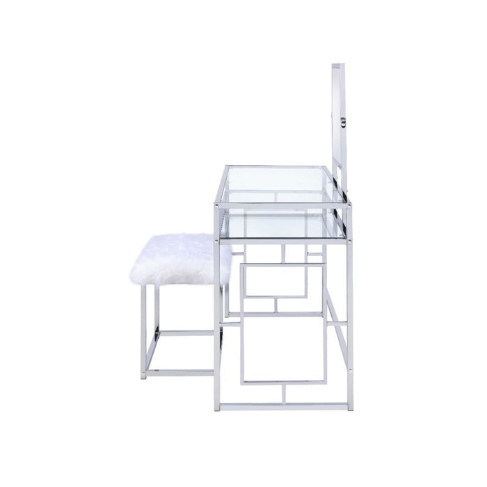 Carenze II - Vanity Desk - White Faux Fur & Chrome Unique Piece Furniture