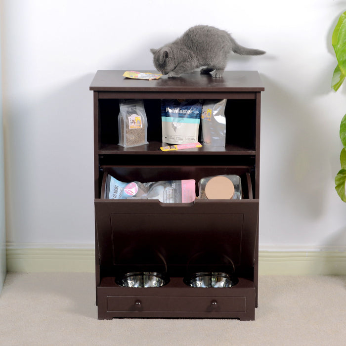 Pet Feeder Station With Storage, Made Of And Waterproof Painted, Dog And Cat Feeder Cabinet With Stainless Bowl