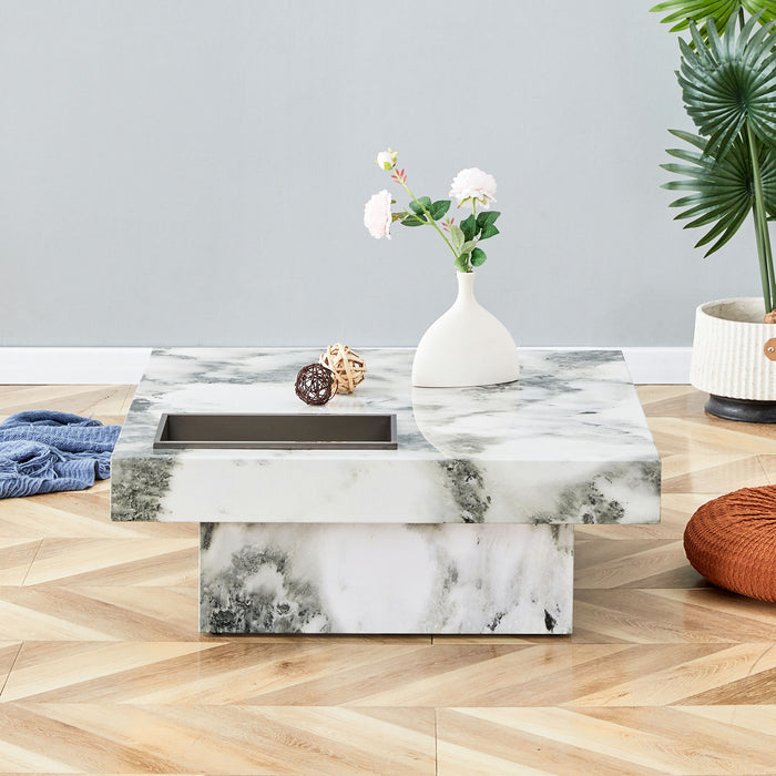 A Modern And Practical Coffee Table, Black And White In Imitation Marble Pattern, Made Of MDF Material. The Fusion Of Elegance And Natural Fashion