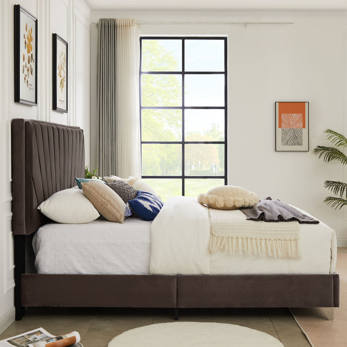 B108 King Bed Beautiful Line Stripe Cushion Headboard, Strong Wooden Slats And Metal Legs With Electroplate - Brown