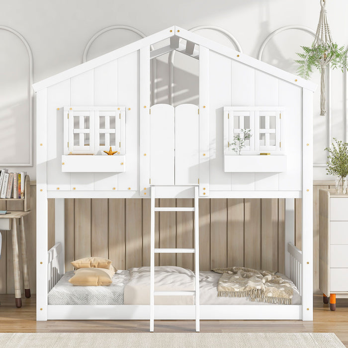 Twin Over Twin House Bunk Bed With Roof, Safety Guardrails And Ladder - White