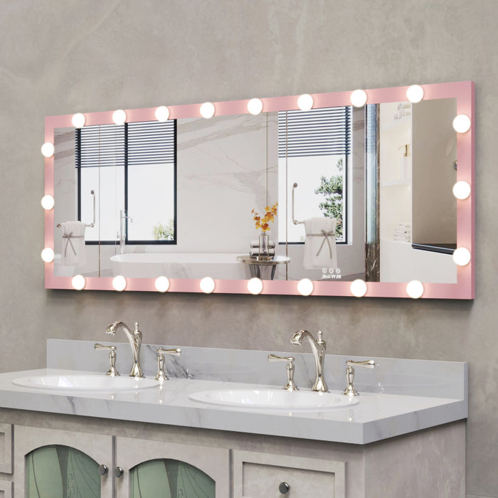 Luxury Wall Standing Bedroom Hotel Full Length Mirror With LED Bulbs Touch Control Full Body Dressing Pink Hollywood Vanity Mirror With 3 Color Lights