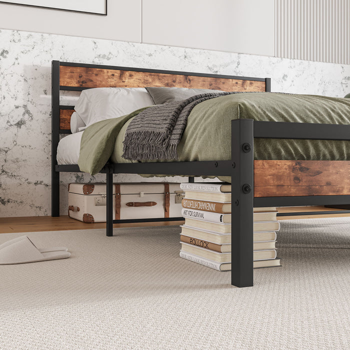 Queen Size Platform Bed Frame With Rustic Vintage Wood Headboard Strong Metal Slats Support, No Box Spring Needed