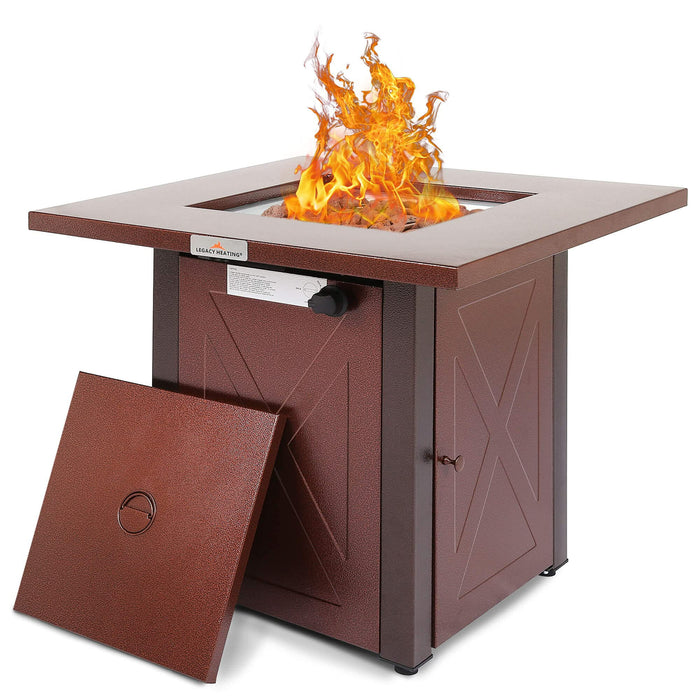 28" 50000 Btu Outdoor Propane Gas Fire Pits Table, Square Brown Texture Outdside Patio Firepits Fireplace Dinning Coffee Tables With Lid & Lava Rock, Etl Certified, Fit For Courtyard, Patio, Balcony