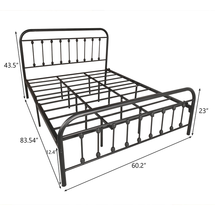 Metal Bed Frame Queen Size Platform No Box Spring Needed With Vintage Headboard And Footboard / Premium Steel Slat Support / Black