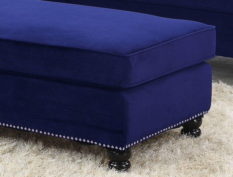 Living Room Xl Cocktail Ottoman Indigo Blue Velvet Accent Studding Trim Wooden Legs