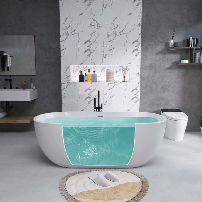 65" Acrylic Free Standing Tub - Classic Oval Shape Soaking Tub, Adjustable Freestanding Bathtub With Integrated Slotted Overflow And Chrome Pop-Up Drain Anti - Clogging Gloss White