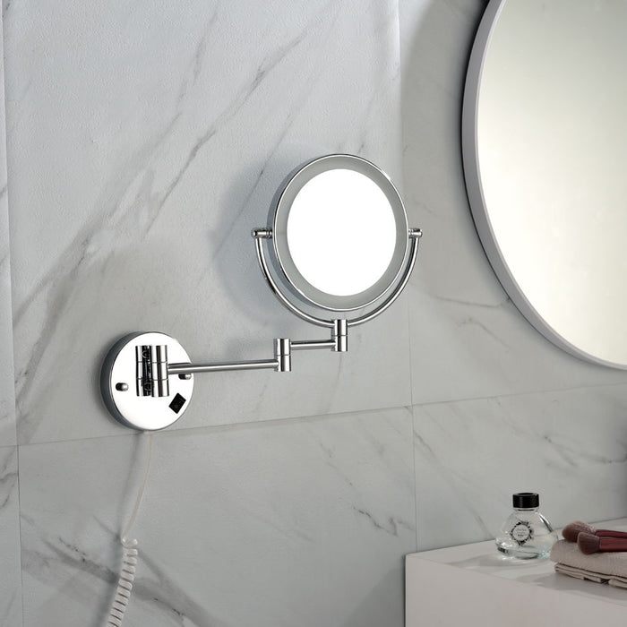 8 Inch Led Wall Mount Two-Sided Magnifying Makeup Vanity Mirror 12 Inch Extension Chrome Finish 1X/3 Magnification Plug 360 Degree Rotation Waterproof Button Shaving Mirror