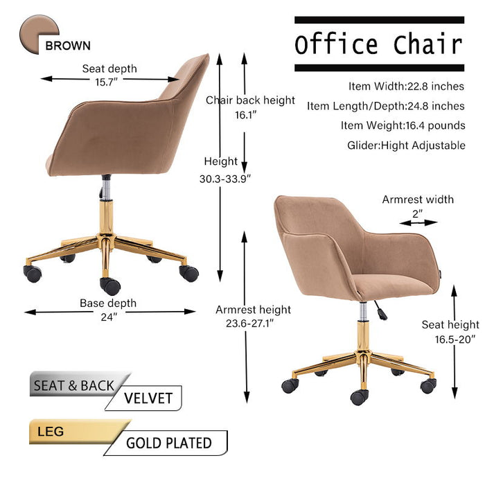 Modern Velvet Fabric Material Adjustable Height 360 Revolving Home Office Chair With Gold Metal Legs And Universal Wheels For Indoor, Light Coffee Brown