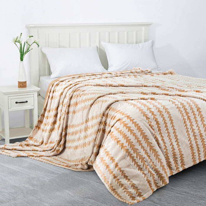 Back Printing Shaved Flannel Plush Blanket, Light Brown Stripe Blanket For Bed Or Sofa, 60" X 80" (Set of 2)