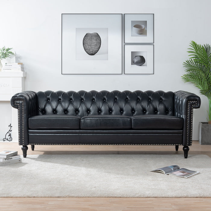 83.66" Width Traditional Square Arm Removable Cushion 3 Seater Sofa - Black