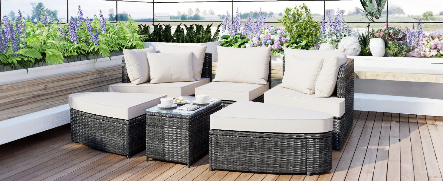 Topmax 6 Piece Patio Outdoor Conversation Round Sofa Set, PE Wicker Rattan Separate Seating Group With Coffee Table, Beige