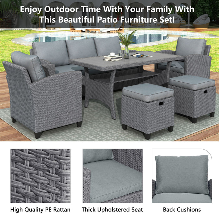 Top max 6 Piece Outdoor Rattan Wicker Set Patio Garden Backyard Sofa, Chair, Stools And Table (Gray Rattan / Gray Cushion)