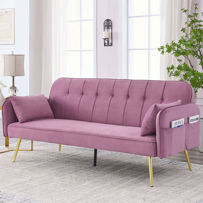 Convertible Sofa Bed, Adjustable Velvet Sofa Bed - Velvet Folding Lounge Recliner - Reversible Daybed - Ideal For Bedroom With Two Pillows And Center Leg Pink