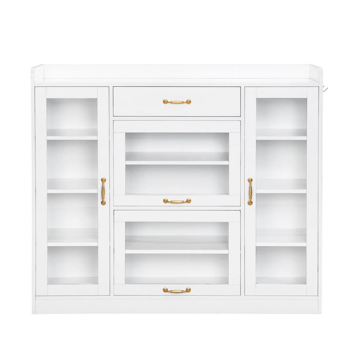On Trend Modernist Side Cabinet With 4 Glass Doors & 3 Hooks, Freestanding Shoe Rack With Multiple Adjustable Shelves, Versatile Display Cabinet With Gold Handles For Hallway, Living Room, White