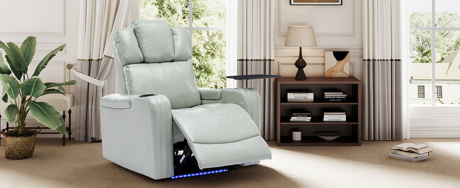 Power Recliner Individual Seat Home Theater Recliner With Cooling Cup Holder, Bluetooth Speaker, LED Lights, USB Ports, Tray Table, Arm Storage For Living Room, Grey