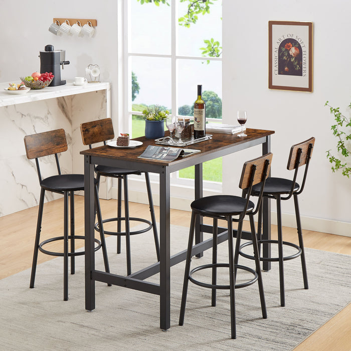 Bar Table Set With 4 Bar Stools PU Soft Seat With Backrest, Rustic Brown