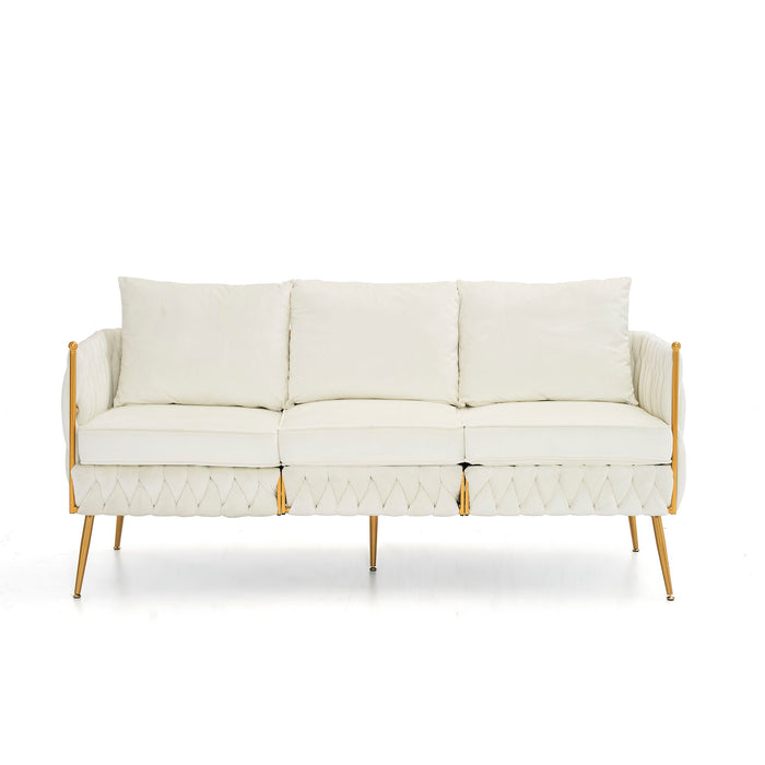Velvet Couch Sofa For Three People, Upholstered Sofa With Stylish Woven Back, Small Comfy Couch With 3 Pillows, Modern 3-Seat Sofa With Gold Frame For Living Room, Cream White Velvet