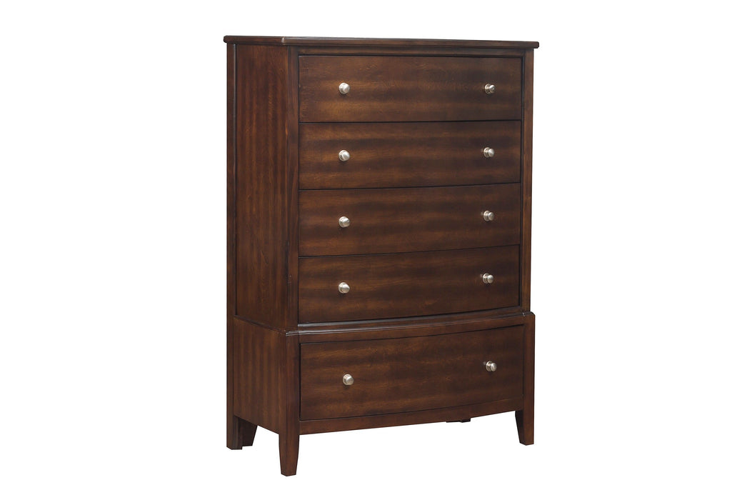 Dark Cherry Finish 1 Piece Chest Of 5 Drawers Satin Nickel Tone Knobs Transitional Style Bedroom Furniture