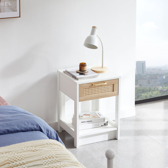 Rattan End Table With Drawer, Modern Nightstand, Side Table For Living Roon, Bedroom, White