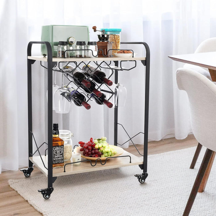 Bar Carts For The Home, 2-Tier Mobile Bar Serving Cart With Wine Racks And Glasses Holders, Wine Cart On Wheels, Beverage Small Bar Cart For Kitchen, Living Room, Wood Color