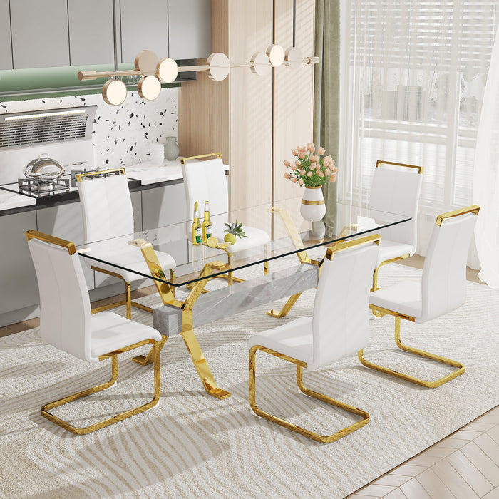 1 Table And 6 Chairs Modern, Simple And Luxurious Tempered Glass Rectangular Dining Table And Desk With 6 White PU Gold Plated Leg Chairs