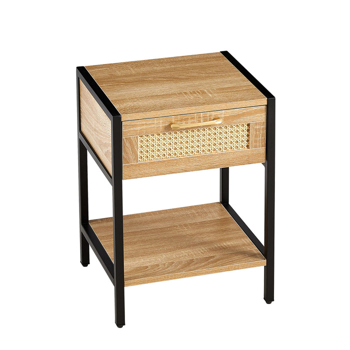 Rattan End Table With Drawer, Modern Nightstand, Metal Legs, Side Table For Living Room, Bedroom, Natural (1 Piece)