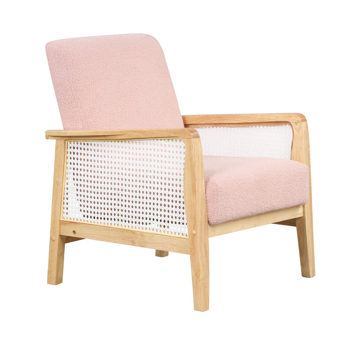 Mid-Century Armchair Rattan Mesh Upholstered Accent Chair, Teddy Short Plush Particle Velvet Armchair For Living Room, Bedroom, Office, Studio, Pink