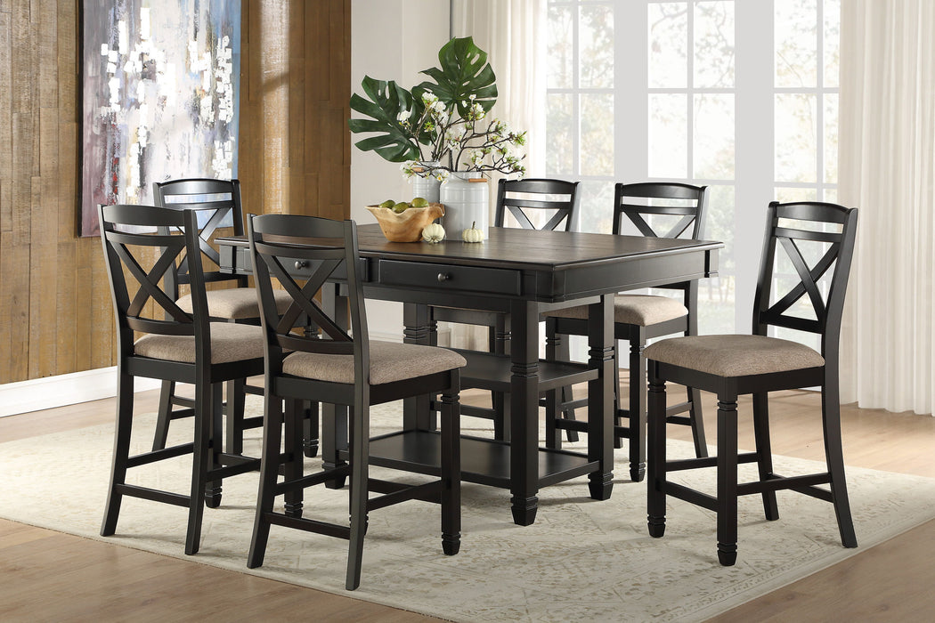Transitional Style Counter Height Dining Set 8 Pieces Table Display Shelves Drawers And 6 Counter Height Chairs Black Finish Funiture