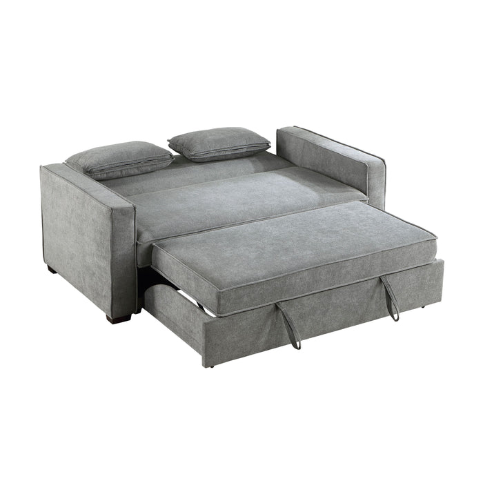 Modern Home Furniture Solid Wood Frame Sofa With Pull-Out Bed Gray Fabric Upholstered 2 Pillows Click-Clack Mechanism Back Living Rom Furniture