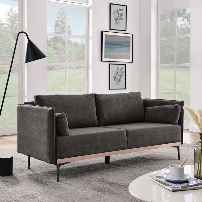 Modern Sofa 3 Seat Couch With Stainless Steel Trim And Metal Legs For Living Room, Grey