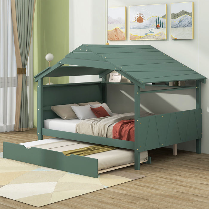 Wood Full Size House Bed With Twin Size Trundle And Storage, Green