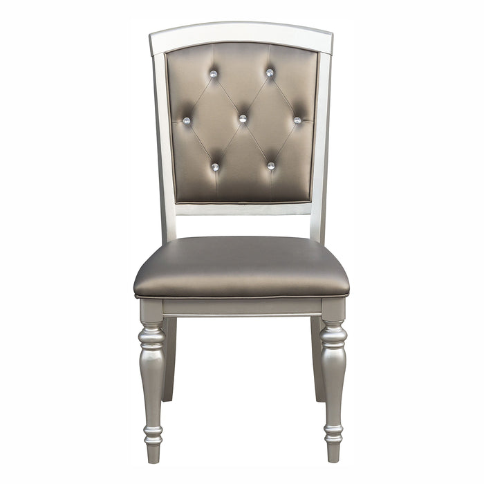 Glamorous 2 Pieces Set Wooden Side Chairs Silver Finish Crystal Button Tufted Faux Leather Upholstered Dining Chairs