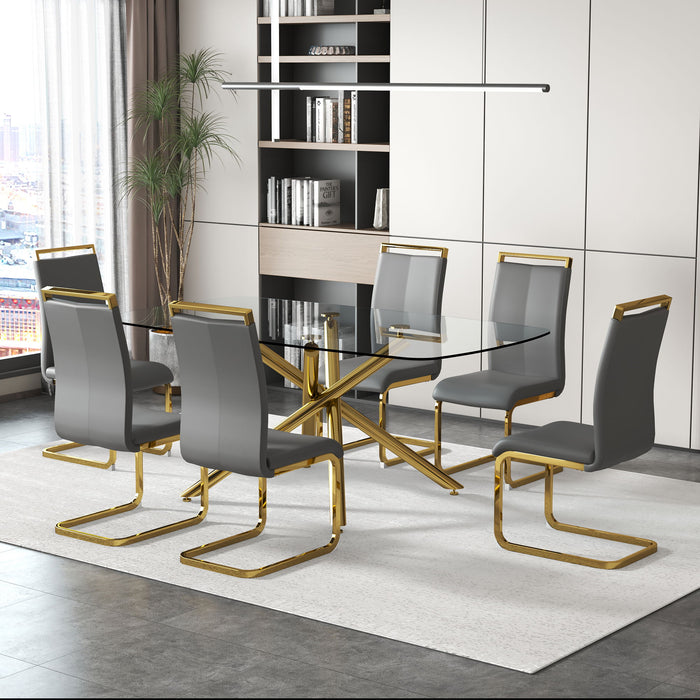 Large Modern Minimalist Rectangular Glass Dining Table For 6 - 8 With Tempered Glass Tabletop And Golden Plated Metal Legs, For Kitchen Dining Living Meeting Room Banquet Hall