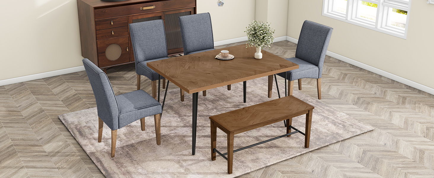 Top max Modern 6 Piece Dining Table Set With V-Shape Metal Legs, Wood Kitchen Table Set With 4 Upholstered Chairs And Bench For 6, Brown
