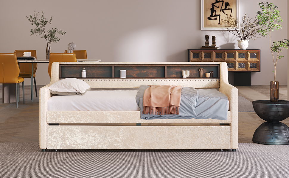 Twin Size Snowflake Velvet Daybed With Trundle And Built-In Storage Shelves, Beige