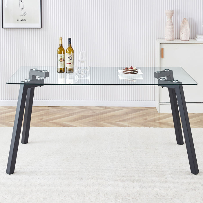 Modern Minimalist Rectangular Glass Dining Table With 0.31" Tempered Glass Tabletop And Black Coating Metal Legs, Writing Table Desk, For Kitchen Dining Living Room