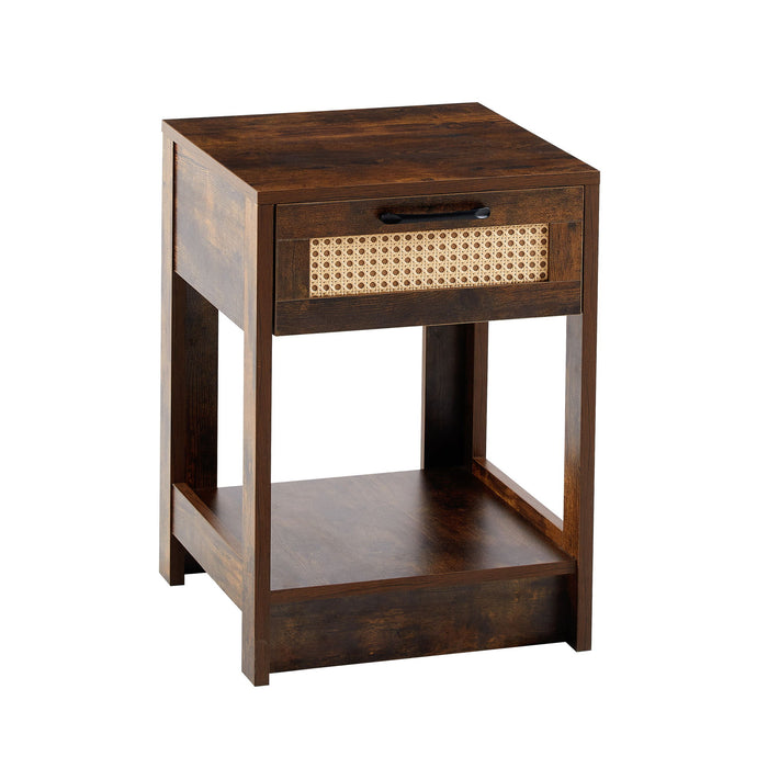Rattan End Table With Drawer, Modern Nightstand, Side Table For Living Roon, Bedroom, Rustic Brown