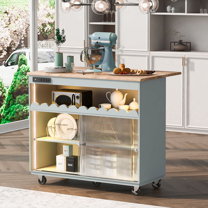 Kitchen Island With Drop Leaf, Led Light Kitchen Cart On Wheels With Power Outlets, 2 Sliding Fluted Glass Doors, Large Kitchen Island Cart With 2 Cabinet And 1 Open Shelf (Gray Blue)