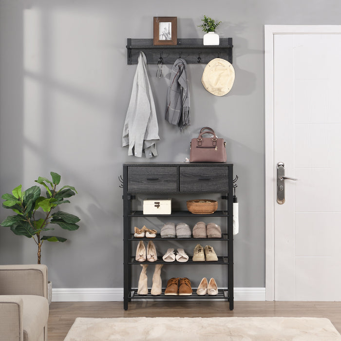 Entryway 4-Tier Shoe Shelf With Two Drawers And Coat Rack, One Set Entryway Show Rack With Storage And Hooks