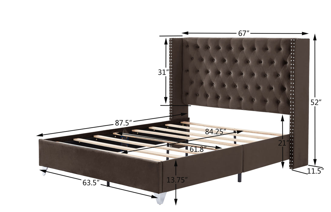 B100S Queen Bed With One Nightstand, Button Designed Headboard, Strong Wooden Slats And Metal Legs With Electroplate - Brown