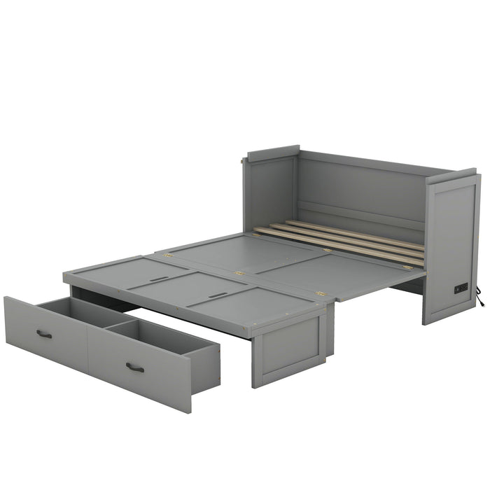 Queen Size Murphy Bed With Usb Port And A Large Drawer, Gray