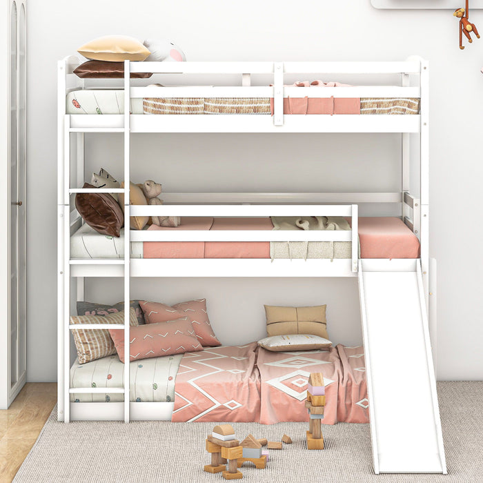 Twin Over Twin Over Twin Adjustable Triple Bunk Bed With Ladder And Slide - White